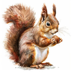 A playful squirrel with a nut in its paws, illustrated in lively watercolor strokes, beautifully isolated on a pristine white background