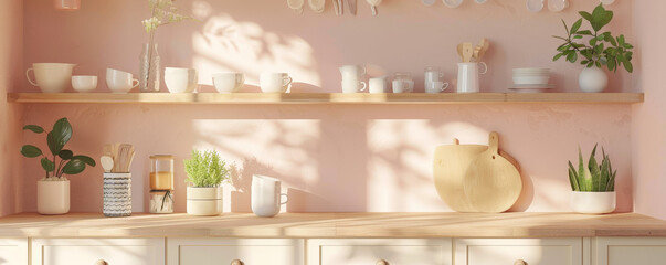 Scandinavian kitchen podium background with light wooden countertops, open shelving, and soft pastel colors. Simple, clean lines and a few stylish kitchen accessories create a serene atmosphere.