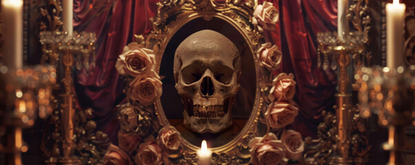 Fototapeta premium A baroque human skull frame scene with an elaborate gold frame adorned with skulls and roses. The background features an opulent, decaying palace interior with rich, dark drapery and flickering
