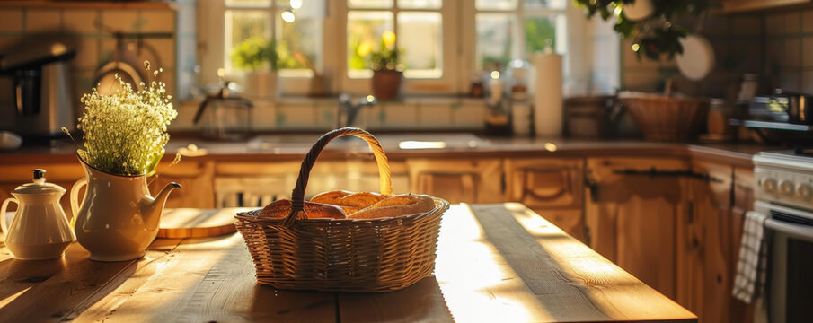 Cozy kitchen podium background with a warm, inviting atmosphere, featuring wooden countertops, soft lighting, and homely decor. A basket of fresh bread and a teapot add comfort.