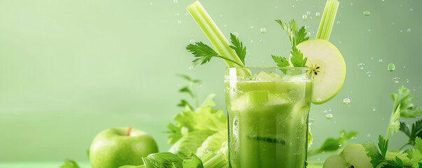 A healthy fresh juice background showcasing a glass of celery and apple juice, garnished with fresh celery sticks and apple slices, set against a light green backdrop