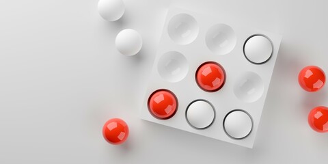 Tic tic toe concept of thinking outside the box on white background, business strategy or innovation concept, flat lay top view from above