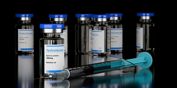 Numerous testosterone steroid vials with syringe on black background, anabolic steroid for muscle growth , selective focus