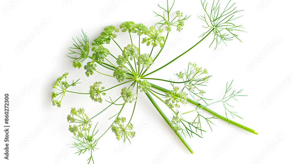 Poster flowering umbrella flowers of dill on a white background top view flat lay creative layout : generat