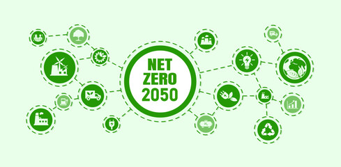 Net zero and carbon neutral concept Net zero greenhouse gas emissions target with a green health center icon on a white circle background
