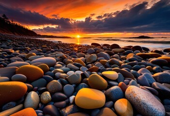 Obraz premium vibrant sunset glow reflecting beach rocks, colorful, seaside, coast, boulders, illuminated, radiant, ocean, shore, natural, scenery, tranquil, picturesque