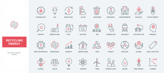 Sustainable technology of environmental protection and green energy line icon set. Alternative resource, science research and sustainability idea thin black and red outline symbols vector illustration © Iconic Prototype