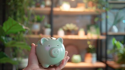 Obraz premium Hand Holding Green Piggy Bank