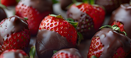 Close-up of fast food chocolate covered strawberries showcasing detailed textures of the juicy strawberries and smooth chocolate