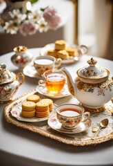 Fototapeta premium elegant tea set variety biscuits display, assortment, traditional, porcelain, sweet, arrangement, delicious, snack, cookies, ceramic, vintage, table