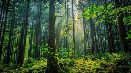 Obraz premium Lush Green Forest with Tall Trees and Abundant Greenery Showcasing Diverse Biodiversity in a Wilderness Setting. Tranquil Natural Habitat with Flourishing Flora and Fauna.