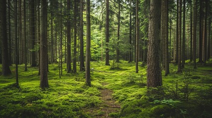 Obraz premium Lush Green Forest with Tall Trees and Abundant Greenery Showcasing Diverse Biodiversity in a Wilderness Setting. Tranquil Natural Habitat with Flourishing Flora and Fauna.