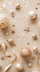 Fototapeta premium Christmas card mockup on pastel beige background with balls and stars decoration. Flat lay, top view. Minimal style 