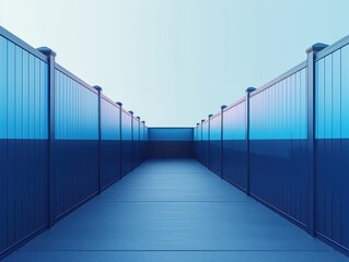 Symmetrical corridor with blue metal walls extending into the distance, creating a futuristic and minimalist perspective. The cool tones and clean design are ideal for architectural visualisations or 