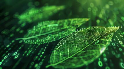 Binary Code and Leaf Veins: The Intersection of Nature and Technology - A green leaf with visible veins, overlaid with a binary code pattern, emphasizing the connection between nature and technology.