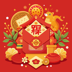 Fototapeta premium A close-up photo of a traditional Lunar New Year decoration. A vibrant red envelope, adorned with intricate gold calligraphy featuring a zodiac animal, sits on a silk cloth. The calligraphy represents