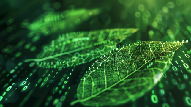 Binary Code and Leaf Veins: The Intersection of Nature and Technology - A green leaf with visible veins, overlaid with a binary code pattern, emphasizing the connection between nature and technology.