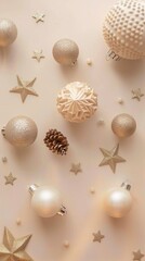 Christmas card mockup on pastel beige background with balls and stars decoration. Flat lay, top view. Minimal style 