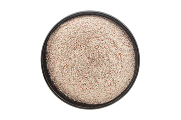 Organic Ragi (Eleusine coracana) or Finger Millet Flour, in a black ceramic bowl. Isolated on a white background. Top View