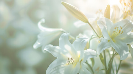 Condolence card with white flowers lily Funeral symbol : Generative AI