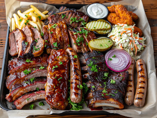 Platter of delicious grilled meat with vegetables