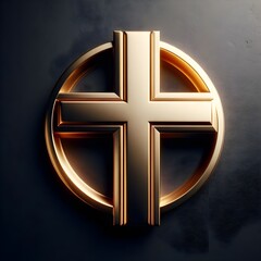 Christian cross 3d realistic shiny gold logo on black background mockup