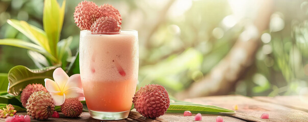 A tropical fresh juice background with a glass of lychee juice, garnished with lychee fruits and tropical flowers, placed on a wooden table