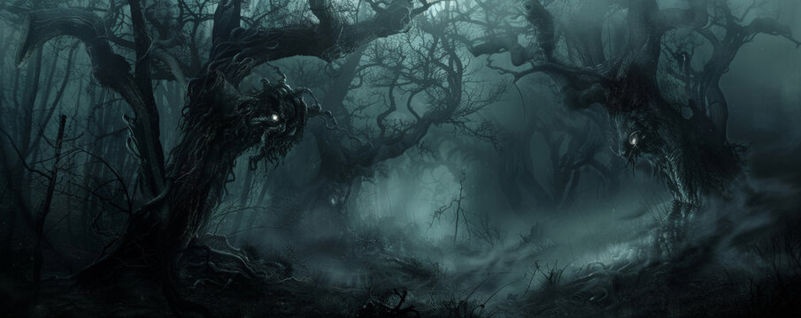 Dark Gothic fantasy background depicting a cursed forest with twisted, gnarled trees and glowing, malevolent eyes peering from the shadows. The ground is covered in dark, foreboding mist.