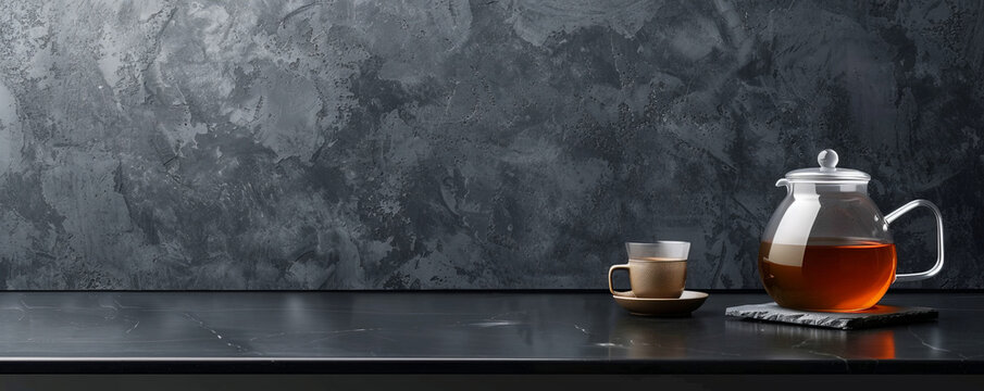 A minimalist tea background with a modern glass teapot, a single cup, and a tea infuser on a sleek black countertop