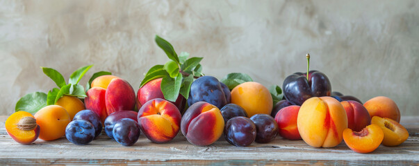 A juicy fruit background with a collection of stone fruits including peaches, plums, and apricots, displayed on a light wooden surface, perfect for a summer harvest theme © AI_images