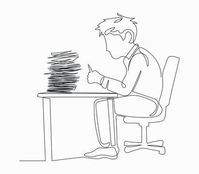 recommend clip art: Continuous line drawing stressed businessman throwing tantrum in office holding his hands to his head shouting while seated at desk surrounded by files.