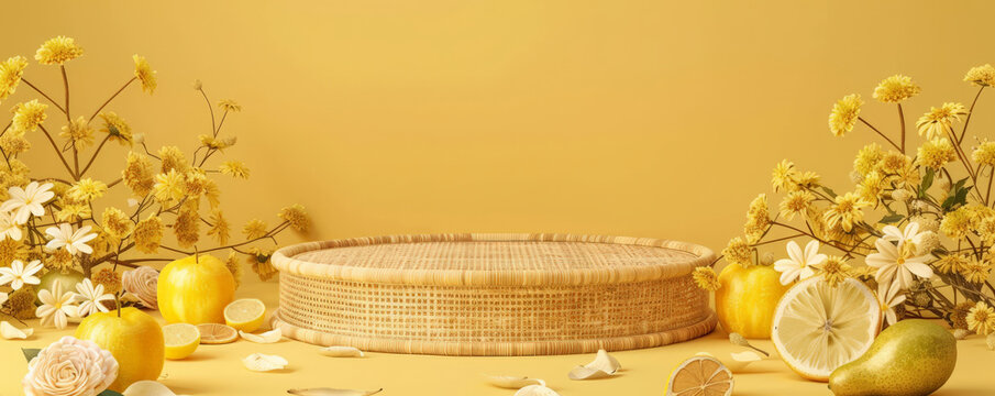 Pastel yellow background with a wicker podium surrounded by scattered flowers and fruits. The platform exudes a charming and rustic appeal