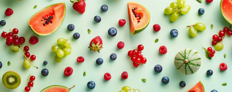 A dynamic fruit background with a variety of summer fruits including berries and melons, spread over a light green surface, perfect for a refreshing and energetic theme