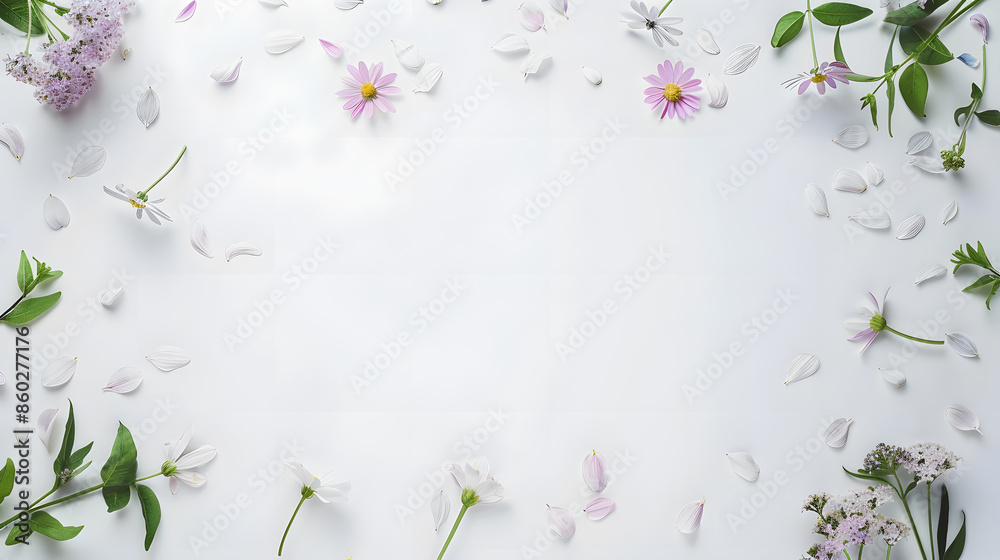 Poster frame of chamomiles branches leaves and lilac petals on white background flat lay top view : generat
