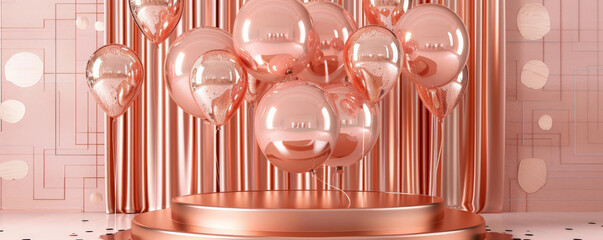 A podium with metallic balloons in rose gold, set against a chic, trendy birthday background with stylish patterns