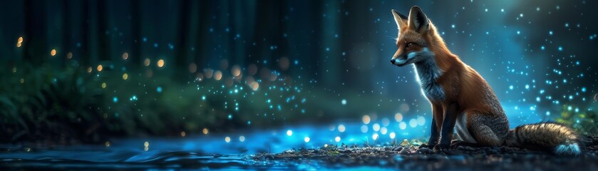 Obraz premium Enchanting woodland scene at night featuring a majestic fox by a shimmering stream, surrounded by glowing fireflies and dense forest foliage.