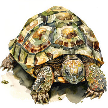 A wise old turtle with a patterned shell, painted in earthy watercolor hues, beautifully isolated on a pristine white background
