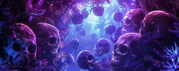 Obraz premium A fantasy human skull frame background with a frame made of ethereal, glowing skulls floating in a mystical pattern. The backdrop includes a magical cave with bioluminescent plants and sparkling