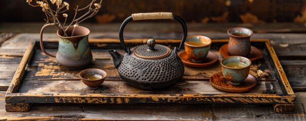 A rustic tea background with a cast iron teapot, handmade ceramic cups, and a wooden tray, all arranged on a wooden surface