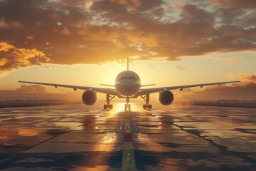 Airplane on runway at sunset, with clouds and sunbeams.