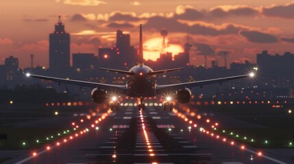 Airplane taking off from runway at sunset with city skyline in background.