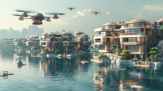 Futuristic cityscape with flying drones delivering packages. Modern architecture and water features.