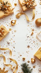Christmas flat lay composition with golden decorations, gift boxes, ribbon, confetti on white background. Xmas sale banner mockup, New Year greeting card template 