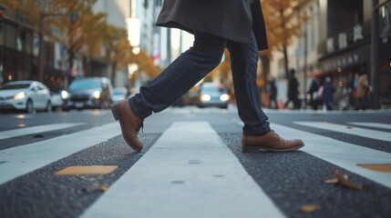 Fototapeta premium Businessman crossing the street on crosswalk