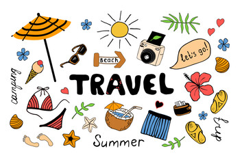 A set of colored drawings on the theme of travel, summer, sea and recreation, hand-drawn doodles, bikinis, swimming trunks, beach umbrella, sunglasses, flowers and palm trees, on a white background.