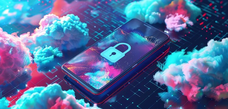 A realistic 3D rendered background of a mobile phone with a security lock icon, surrounded by vibrant and dynamic cloud computing graphics.