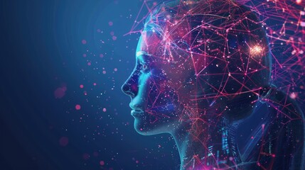 A virtual woman face is shown in a colorful digital graphic