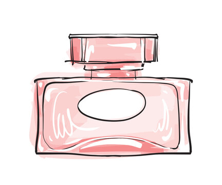 recommend clip art: Low angle rectangular women s perfume and cosmetic bottle with label for text, delicate line and watercolor drawing, vector illustration, beauty and self-care concept.