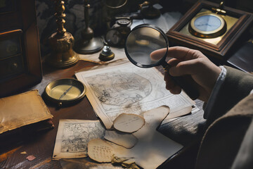 A Hand Holding a Magnifying Glass Over a Desk With Maps and a Compass