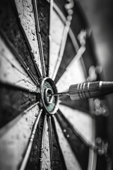 A close-up shot of a dart lodged in the center of a target